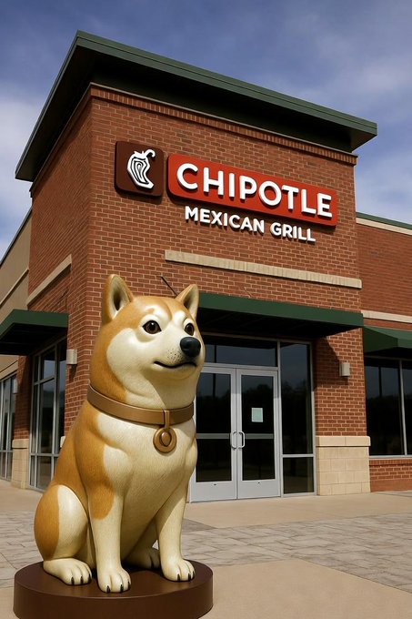 A cartoon Shiba Inu mascot—representing Dogecoin—sits in front of a Chipotle Mexican Grill restaurant, symbolizing the news that Dogecoin is now accepted as a payment method at the fast-casual chain.
