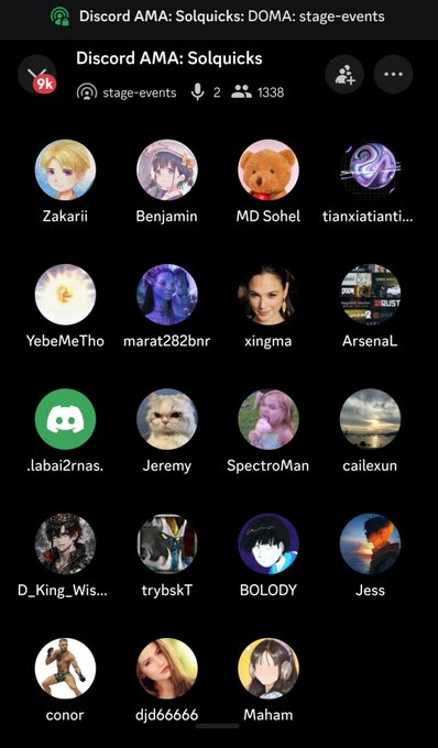 A screenshot of a Discord AMA (Amby One) voice channel called 'stage-events' showing a grid of user avatars with usernames including Zakarii, Benjamin, MD Sohel, and others.