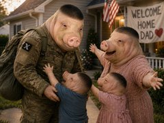 An AI-generated image shows a soldier in uniform being greeted by a family of anthropomorphic pigs, with a sign in the background reading 'WELCOME HOME DAD'.