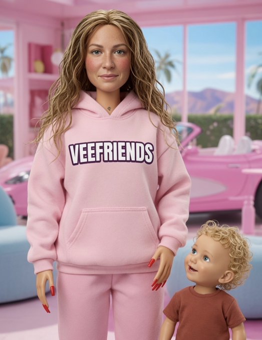A Barbie-style doll wears a pink 'VEEFRIENDS' hoodie and sweatpants set, standing next to a small doll child in a pink room.
