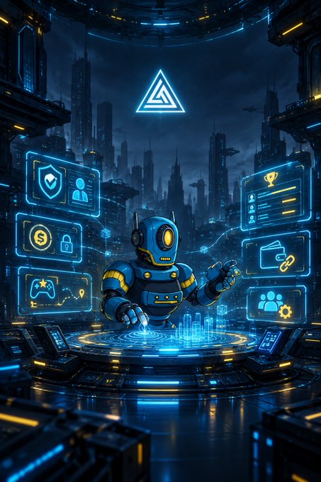 A futuristic cyberpunk-style illustration showing a blue and yellow robot standing in a circular platform surrounded by glowing blue holographic interfaces with icons for security, gaming, finance, and people, with a triangular logo floating above.
