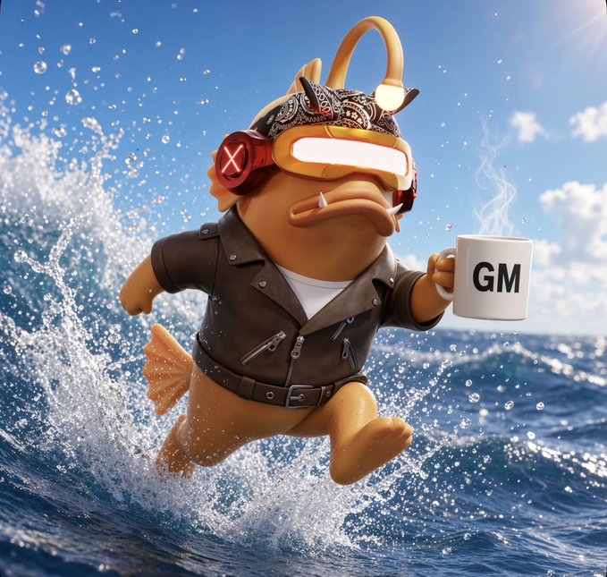 A 3D rendered character, an anthropomorphic fish wearing a leather jacket and a bandana with futuristic goggles, surfs on a wave while holding a steaming white mug labeled 'GM.'