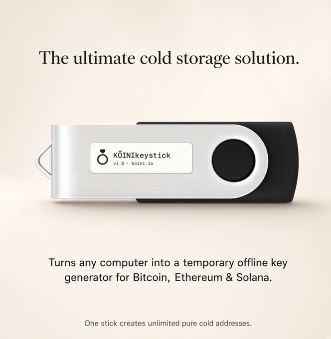 An advertisement for KŌINI Keystick described as 'The ultimate cold storage solution' that 'Turns any computer into a temporary offline key generator for Bitcoin, Ethereum & Solana'