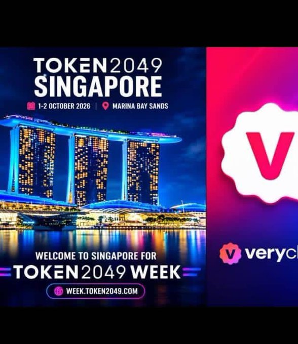 A promotional graphic for "TOKEN 2049 SINGAPORE" scheduled for October 1-2, 2026 at Marina Bay Sands, featuring the iconic Marina Bay Sands hotel at night, alongside a "verychain" logo and the website "week.token2049.com".