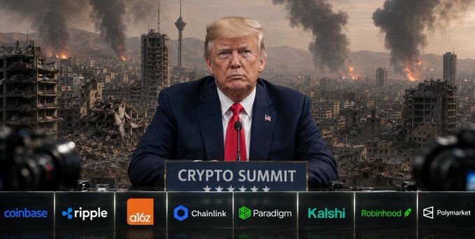 The image features a podium labeled "CRYPTO SUMMIT" with logos of various companies such as Coinbase, Ripple and others. Donald Trump is visible behind the podium.