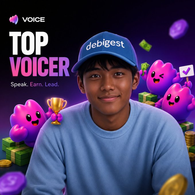 The image features a young man wearing a blue "debigest" cap and light blue sweater, surrounded by cartoonish purple mascot characters holding money, gold coins, a trophy, and a checkmark sign. Bold text on the left reads "TOP VOICER" with the tagline "Speak. Earn. Lead." alongside a "VOICE" logo, promoting a content creation contest that ties to the post's announcement about reigniting a voicing streak on the @voicehavefun platform to qualify for the Top VOICER task until TGE.