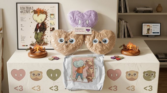 A display of merchandise related to the band 'LEESSTHAN3 @LEESST33' featuring heart-shaped plushies, figurines, a poster, and branded items on a table with heart decorations.
