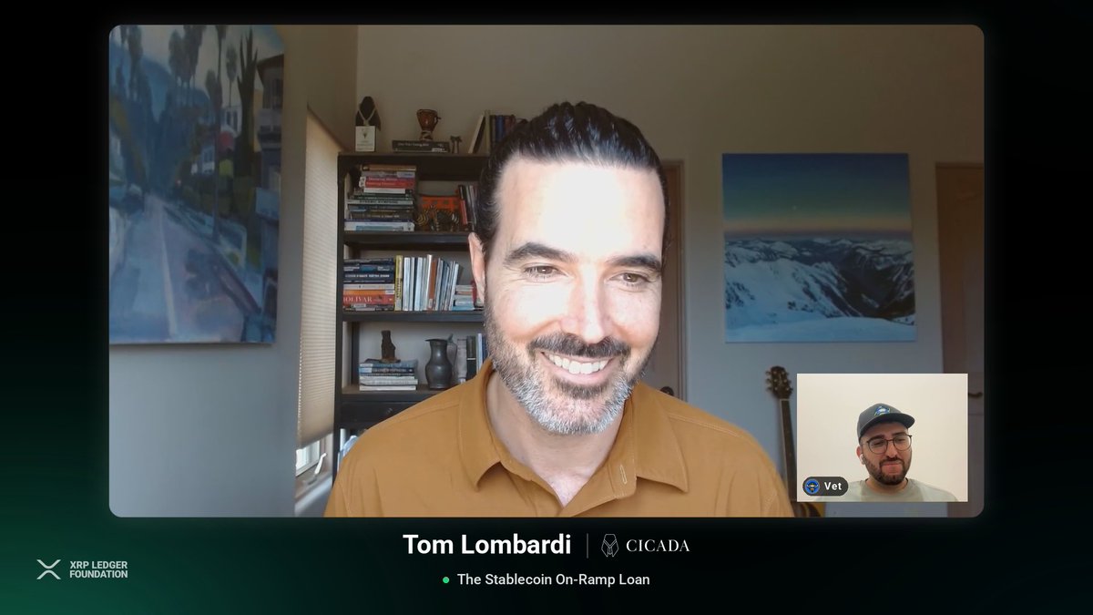 A video call screenshot shows Tom Lombardi of CICADA smiling in the main frame with an inset of a participant labeled "Vet," with the topic "The Stablecoin On-Ramp Loan" displayed beneath, illustrating his discussion of XLS-66 lending and stablecoin on-ramps on the XRP Ledger.