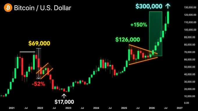 A Bitcoin/USD candlestick chart projecting a rise to $300,000, showing a -52% drop from a $69,000 peak to a $17,000 low, then a +150% recovery to $126,000 forming a bullish pennant pattern.