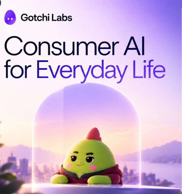 A promotional graphic for 'Gotchi Labs' reads 'Consumer AI for Everyday Life', featuring a small green cartoon character with a red crest under a glass dome against a purple sky.