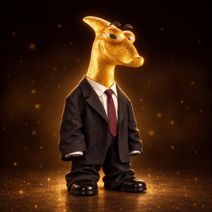 A glittery golden cartoon dinosaur wearing a formal dark suit and burgundy tie stands confidently against a warm, bokeh-lit background, perfectly embodying the post's "suit up" call to action with its sharp, business-ready attire.