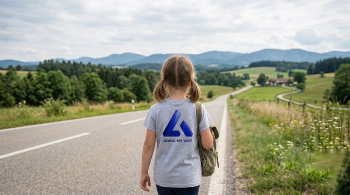 A young girl with pigtails walks down a rural road, carrying a backpack and wearing a gray t-shirt with a blue triangular logo and the text 'GOING MY WAY'.
