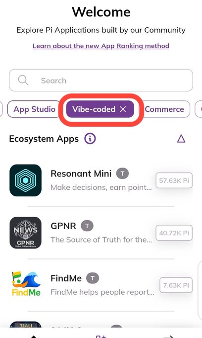 The image shows a smartphone screen displaying an app store page with several apps available for download. The main focus of the image is a purple circle containing the word "Vibed" within it, indicating that the app has been tagged as "vibed". This tag suggests that the app might be related to social media or communication platforms. The app store page also includes information about the new App Ranking method and other relevant details for each app in the ecosystem.