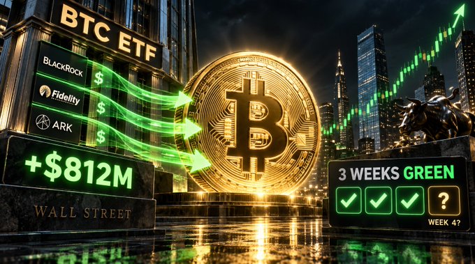 A Bitcoin/crypto promotional graphic showing BTC ETF inflows from BlackRock, Fidelity, and ARK totaling +$812M, with a golden Bitcoin, Wall Street imagery, and a '3 WEEKS GREEN' indicator.