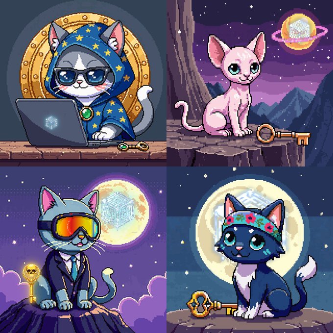 Four-panel pixel art illustration featuring stylized cats in various magical/cosmic settings: one in a wizard hood using a laptop, one as a hairless Sphinx with a floating cube, one in ski goggles holding a skull scepter, and one with a flower crown beside a moon.