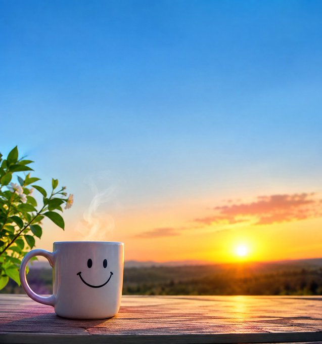 A white mug with a smiley face sits on a wooden surface with steam rising, set against a sunset sky over a distant landscape with greenery beside it.
