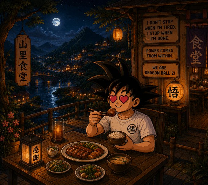 A digital artwork showing a chibi version of Goku from Dragon Ball eating at a wooden table with various dishes at night, with signs reading 'I DON'T STOP WHEN I'M TIRED. I STOP WHEN I'M DONE. POWER COMES FROM WITHIN. WE ARE DRAGON BALL Z!'