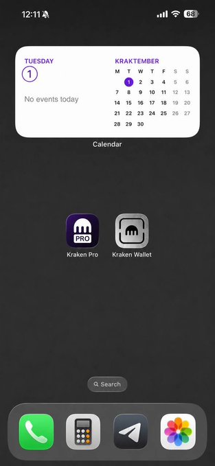 A phone home screen displays a Calendar widget for Tuesday, the 1st, with "No events today," alongside Kraken Pro and Kraken Wallet app icons, marking the start of "Kraktember" as referenced in the post.