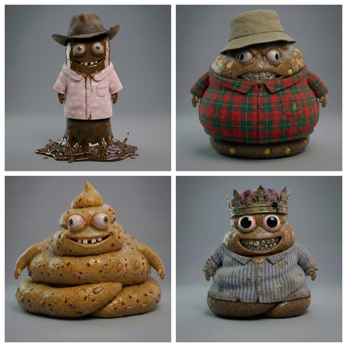 A 2x2 grid displays four sculpted figures with bulging eyes and toothy grins: one wearing a pink shirt and brown hat, a plump one in a red plaid shirt and tan hat, a coiled poop-shaped figure, and a crowned figure in a striped shirt.