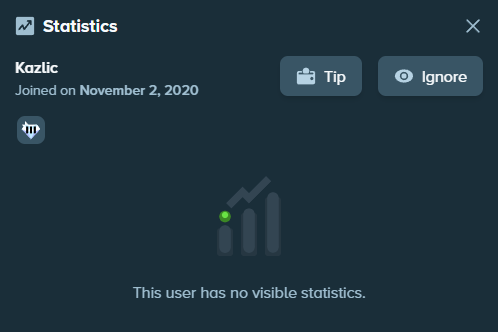 A statistics popup for user "Kzlıc," who joined on November 2, 2020, displays the message "This user has no visible statistics," suggesting the person commenting likely has a low or unranked VIP level on Stake.