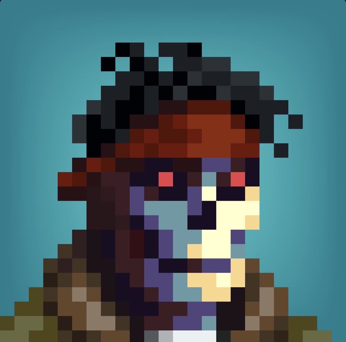 A pixel art portrait of a character with dark messy hair, a red bandana, glowing red eyes, and a brown jacket against a blue background.