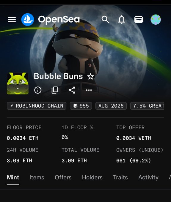 The screenshot shows the OpenSea NFT collection page for "Bubble Buns" on Robinhood Chain, with a floor price of 0.0034 ETH, 955 items, 661 unique owners, and a 7.5% creator fee. The caption playfully matches the post's humor about impulsively abandoning a gym workout to mint this newly launched NFT collection before its value potentially rises.