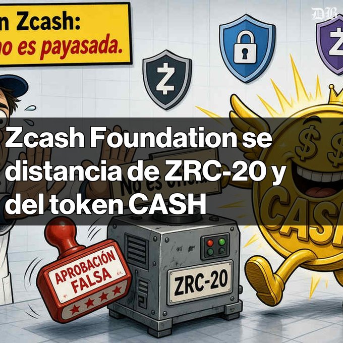 A cartoon-style illustration featuring crypto and Zcash branding, with text reading 'Zcash Foundation se distancia de ZRC-20 y del token CASH'.