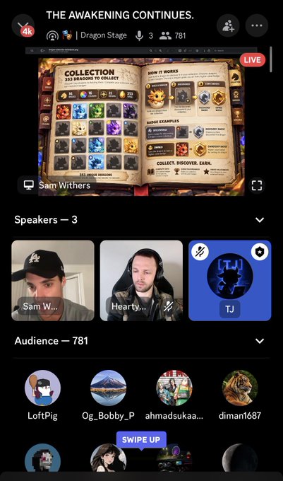A live stream interface titled "THE AWAKENING CONTINUES" on Dragon Stage features a collection of 333 dragons, three speakers, and 781 audience members.