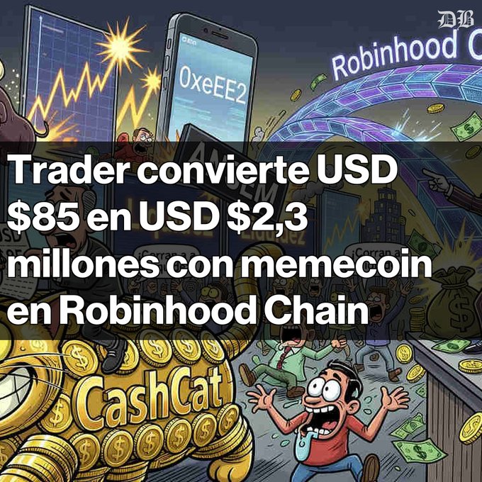 A Spanish-language graphic reading 'Trader convierte USD $85 en USD $2,3 millones con memecoin en Robinhood Chain' over a cartoon scene featuring 'CashCat', a smartphone, and 'Robinhood C' text.