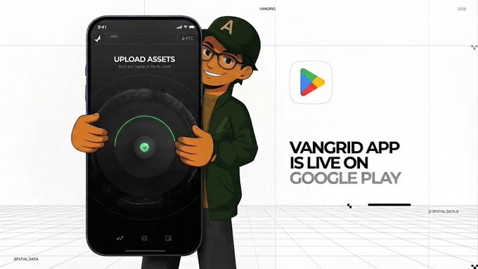 A promotional image shows a cartoon character in a green cap holding a smartphone displaying 'UPLOAD ASSETS,' with text announcing 'VANGRID APP IS LIVE ON GOOGLE PLAY.'