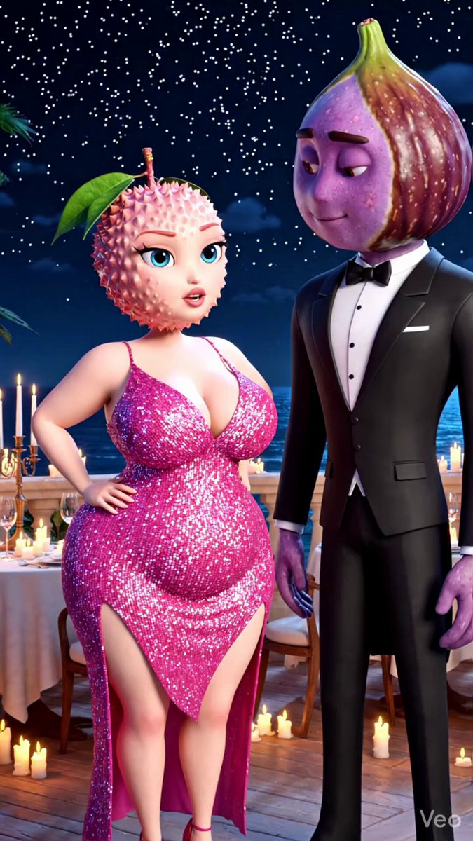The image features a man and woman standing next to each other, both dressed up for an event or party. The woman has a pink dress with sparkly sequins, and she also has a fruit-shaped headpiece on her head. The man is wearing a black suit and tie. They are positioned in front of a dining table that has candles on it, suggesting they might be attending a formal dinner or gathering.