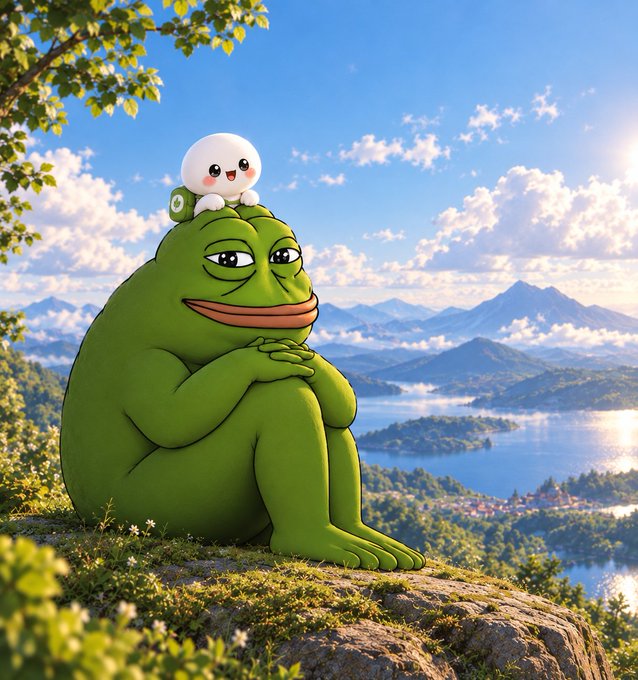 A large green Pepe the Frog character sitting on a rocky outcrop with a small white creature on its head, overlooking a scenic lake and mountain landscape.