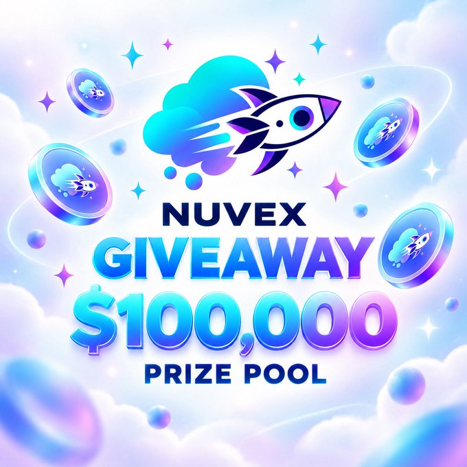 A promotional graphic for 'NUVEX GIVEAWAY' advertising a '$100,000 PRIZE POOL' with a rocket-and-cloud logo and floating coins against a pastel sky background.