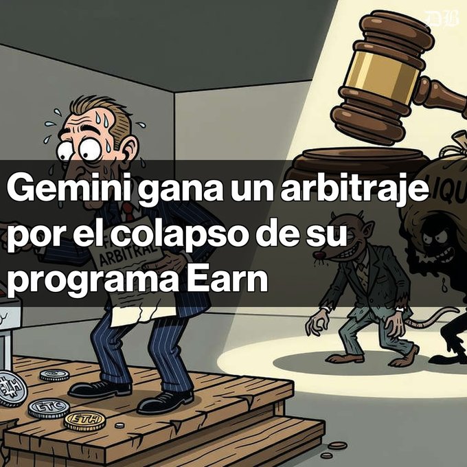 A cartoon illustration shows a sweating man in a suit labeled "ARBITRATOR" standing on a wooden platform with scattered coins (BTC, etc.), while rat-like figures in suits are illuminated by a judge's gavel spotlight on the right. The Spanish overlay reads "Gemini gana un arbitraje por el colapso de su programa Earn," visually representing the post's news about Gemini winning the arbitration case related to its Earn program's collapse, where the tribunal ruled in favor of Gemini users against Genesis and DCG.