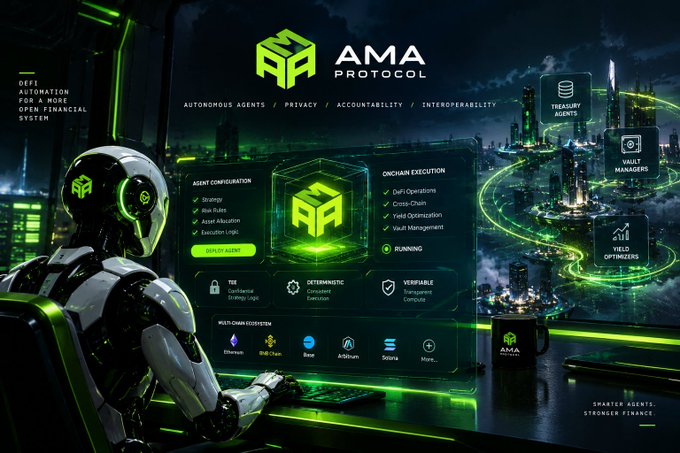 A futuristic neon-green AMA PROTOCOL promotional graphic shows a robot at a holographic console, a glowing city network, and text including “AUTONOMOUS AGENTS,” “TREASURY AGENTS,” “LIQUIDITY MANAGERS,” “YIELD OPTIMIZERS,” and “SMARTER AGENTS. STRONGER FINANCE.”