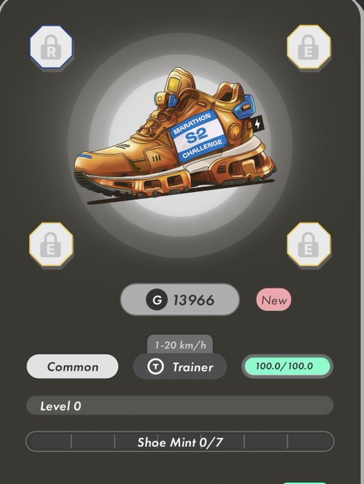 A digital sneaker game screen showing a gold 'Marathon S2 Challenge' shoe at Level 0, Common tier, Trainer type (1-20 km/h), with 13,966 G currency and a Shoe Mint 0/7 progress bar.