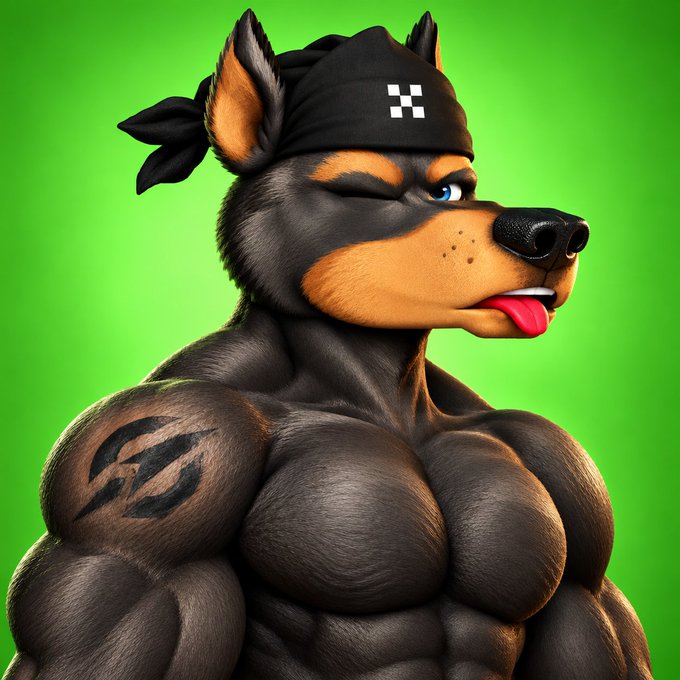 A muscular anthropomorphic cartoon dog character wears a black bandana with a white pixelated logo, winking with its tongue sticking out, and displays an 'S' tattoo on its bicep against a green background.