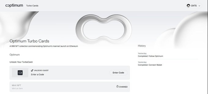 Optimum Turbo Cards webpage showing a 999 NFT collection commemorating Optimum's mainnet launch on Ethereum, with sections to unlock a TurboCard via code and a Mint NFT option (Chained).