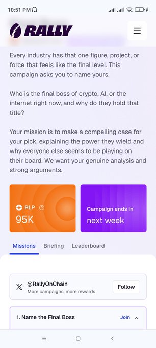 A screenshot of the RALLY app showing a campaign titled '1. Name the Final Boss' asking users to identify the final boss of crypto, AI, or the internet, with 95K RLP reward and a deadline of next week.
