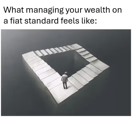 The image features an older man standing at the bottom of a staircase, looking up towards the top. The stairs are made of metal and appear to be part of a larger structure or scene. The caption above the image reads "What managing your wealth on a flat standard feels like: Saving in Bitcoin means you can stop gambling in the fiat casino and build wealth gradually over time It's a peaceful life". This statement is related to the man standing at the bottom of the stairs, as it suggests that he has chosen to invest his money in Bitcoin rather than engage in traditional forms of gambling.