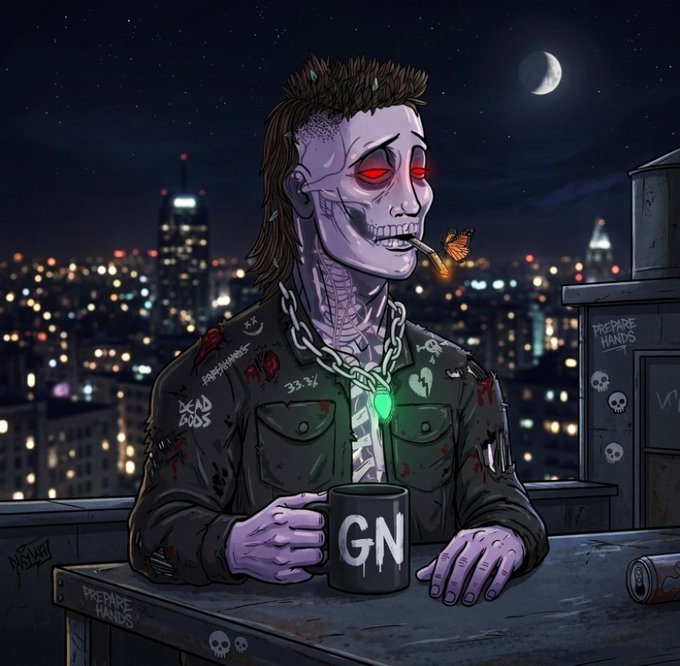 An illustration of a zombie-like character with red eyes and a mohawk, smoking a cigarette and holding a black mug with 'GN' written on it, set against a nighttime cityscape.