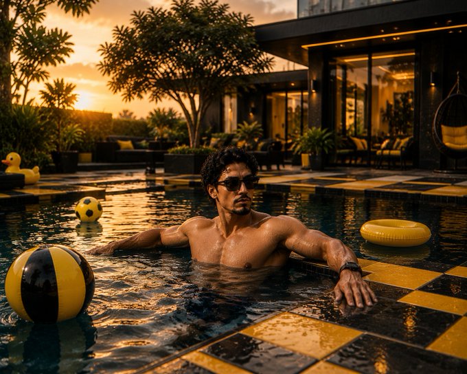 The image features a man swimming in a pool, surrounded by various objects such as balls and chairs. The setting appears to be an outdoor patio with a house visible in the background. A yellow ball can be seen floating near the center of the pool area, while several other balls are scattered around the scene. These objects create a playful atmosphere for the man swimming in the pool.
