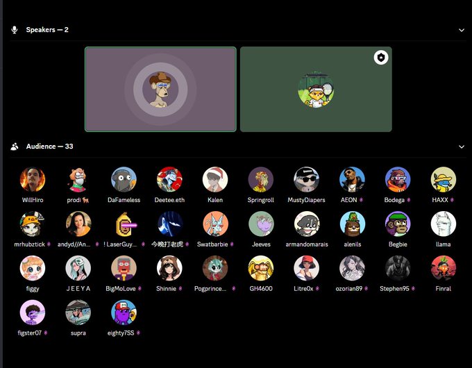 A screenshot of an audio chat application (likely Twitter Spaces) showing two speakers featuring NFT profile pictures and an audience of 33 users with various cartoon and character avatars.