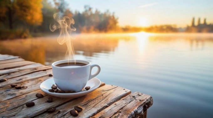 A steaming cup of black coffee sits on a saucer atop a weathered wooden dock, with coffee beans scattered nearby and a misty lake at sunrise in the background.