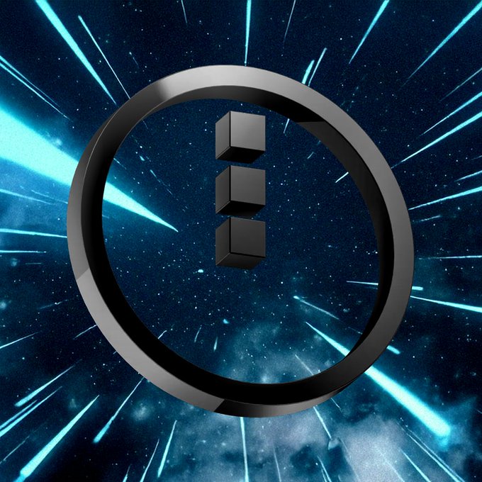 A 3D rendering of a black circular logo containing three stacked cubes, set against a dynamic blue and black background with streaks of light radiating outward.