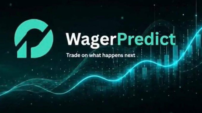 The image displays the "WagerPredict" logo and branding with the tagline "Trade on what happens next," set against a futuristic dark background featuring teal candlestick charts and an upward-trending wave graphic that symbolizes prediction-based trading.

This visual aligns with the post's message about the WagerPredict testnet, where the rising chart and trading imagery reinforce the platform's emphasis on building consistent trading activity, staking, and engagement to earn points before the upcoming snapshot.