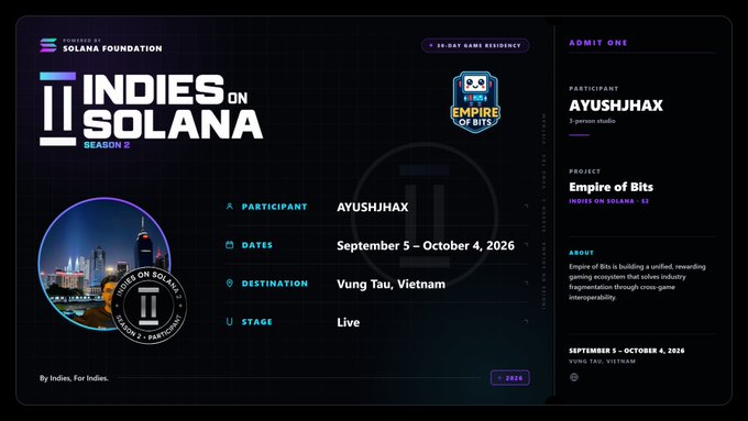 A digital 'ADMIT ONE' ticket for 'INDIES ON SOLANA SEASON 2' powered by Solana Foundation, showing participant AYUSHJHAX, project 'Empire of Bits', dates September 5 – October 4, 2026, in Vung Tau, Vietnam.