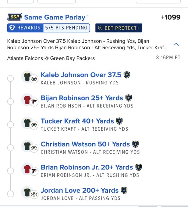 A FanDuel Same Game Parlay (+1099) for the Atlanta Falcons @ Green Bay Packers game at 8:16PM ET features six player props: Kaleb Johnson Over 37.5 Rushing Yds, Bijan Robinson 25+ Alt Receiving Yds, Tucker Kraft 40+ Alt Receiving Yds, Christian Watson 50+ Alt Receiving Yds, Brian Robinson Jr. 20+ Alt Rushing Yds, and Jordan Love 200+ Alt Passing Yds. The caption "Let's try this one as well best of luck if you tail" suggests the bettor is sharing this high-payout parlay for others to follow along.