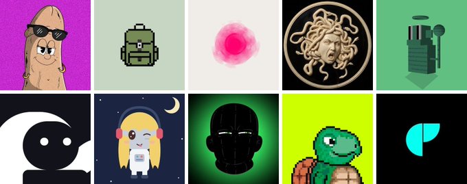 A grid of ten stylized digital illustrations featuring various characters and icons, including a potato wearing sunglasses, a backpack, a pink splash, Medusa, a robot, a ninja silhouette, an astronaut girl, a black head with green glow, a green turtle, and a logo.