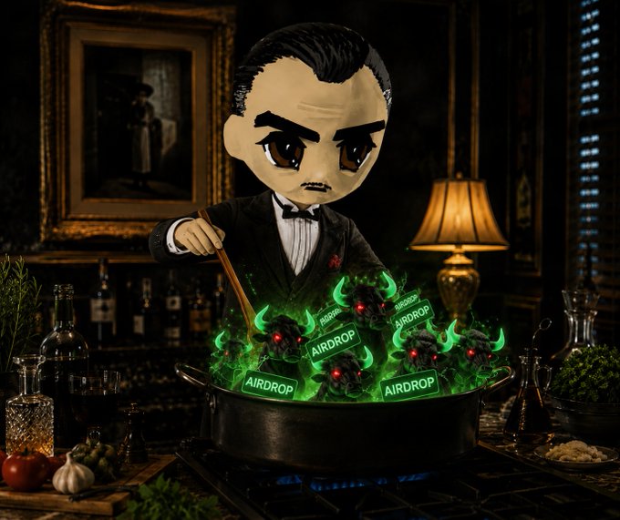 A stylized cartoon figure dressed as a mafia boss stirs a bubbling cauldron of green-glowing crypto creatures labeled "AIRDROP," visually dramatizing the post's call for $ANSEM holders to DM their wallet addresses for an airdrop reward.